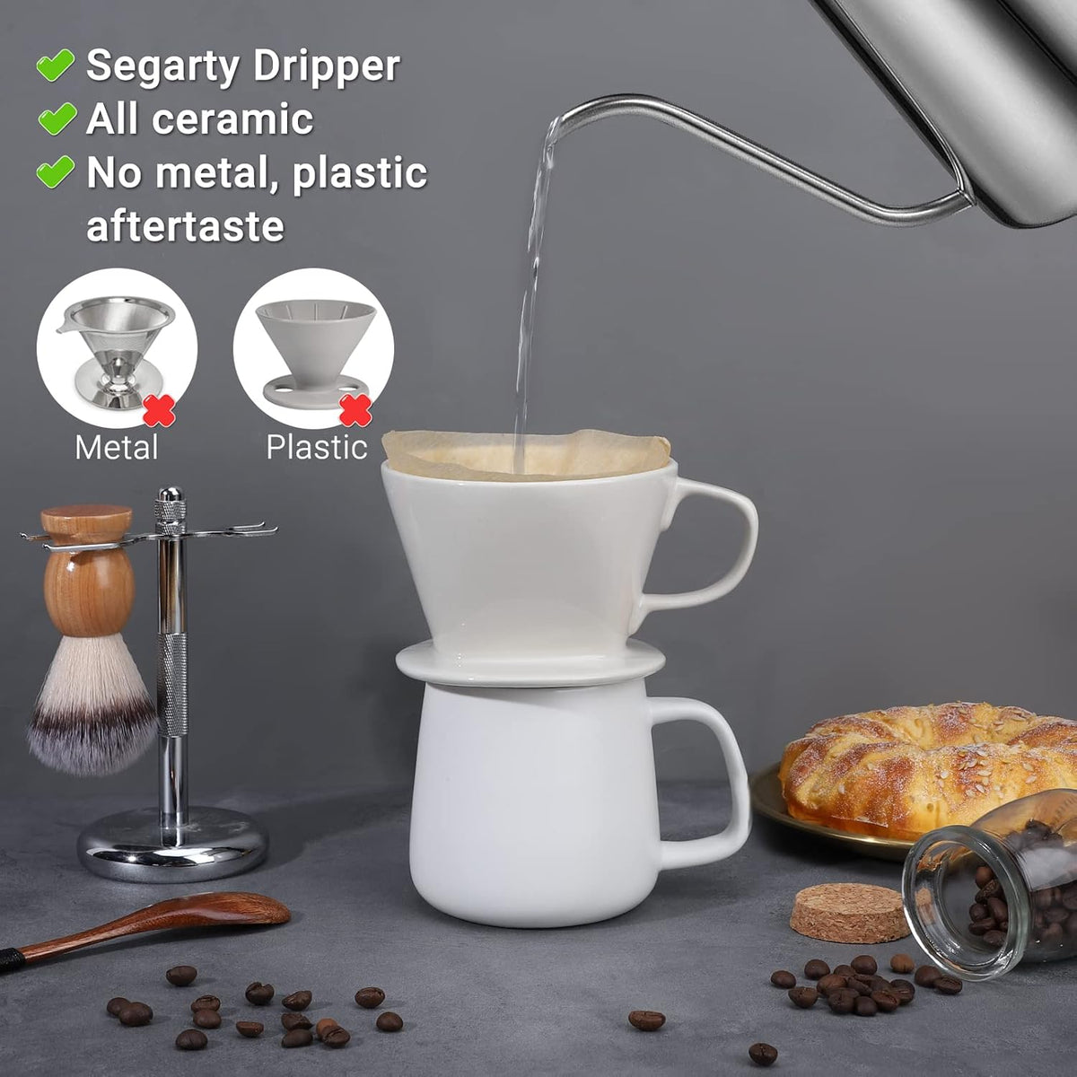 Segarty Pour Over Coffee Maker, Single Cup White Ceramic Coffee Dripper, Size No.2 Reusable Filter Cone Drip Holder Slow Brewer with 3 Holes Flat