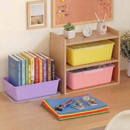 10 Pcs Cubby Bin with Clear Latching Lid Label Sticker Colored Plastic Stackable Book Storage Container for Classroom Office Home Sorting Arts Craft Desk Organizer(Macaron)
