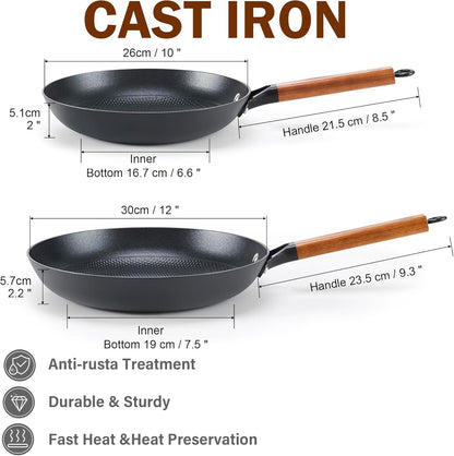 DM Cast Iron Skillet, 2 Piece Nonstick Frying Pan Set, 10 and 12 Inch with Detachable Acacia Wooden Handle, Honeycomb Non stick Omelet Egg Pan, Easy Clean Oven Safe Pans for Cooking