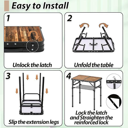 YihuiKo Folding Picnic Table with Storage Net, 3 Adjustable Heights Aluminum Small Folding Table, Lightweight, Portable Carrying Handle, for Camping Travel Outdoor