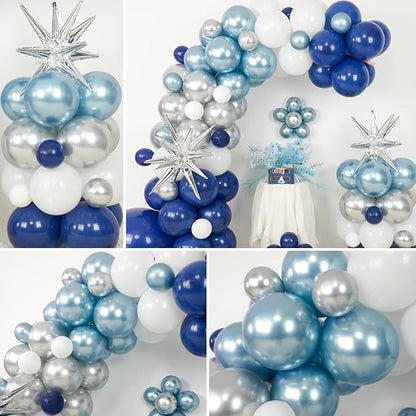 Blue Silver Balloon Arch Kit, Navy Blue Silver White Balloon Garland with Metallic Light blue silver Balloons Star Foil Balloons for Boys Men Birthday Wedding Graduation Baby Shower Party Decoration