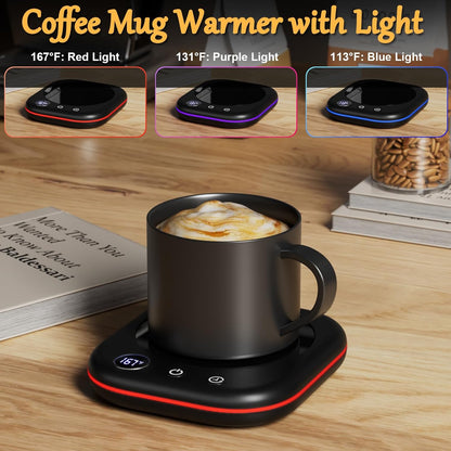 Mug Warmer Upgraded,Coffee Mug Warmer for Desk LEDs Light 3 Temp Settings (113-167°F) 1-12H Timer 4 H Auto Shut Off Beverage Cup Candle Warmer for