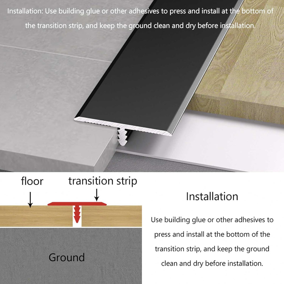 10Pcs Aluminum T Molding Floor Transition Strip, 48In Aluminum T Molding Trim, Floor Strip Floor Flat Divider Strip for Joining Floor Gaps, Threshold, Floor Tiles (Black, 4ft x 1.3in 10Pcs)