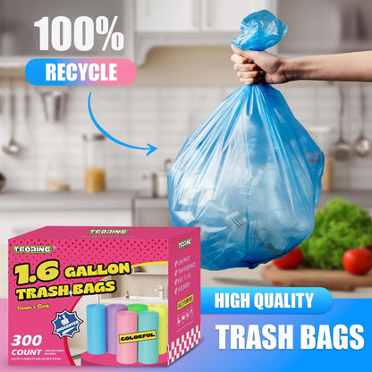 300 Count 1.6 Gallon Mini Trash Bags - 6 Liter Colored Small Garbage Bags Unscented Mini Can Liners Leakproof & Tear Resistant for Bathroom Office Dorm Car