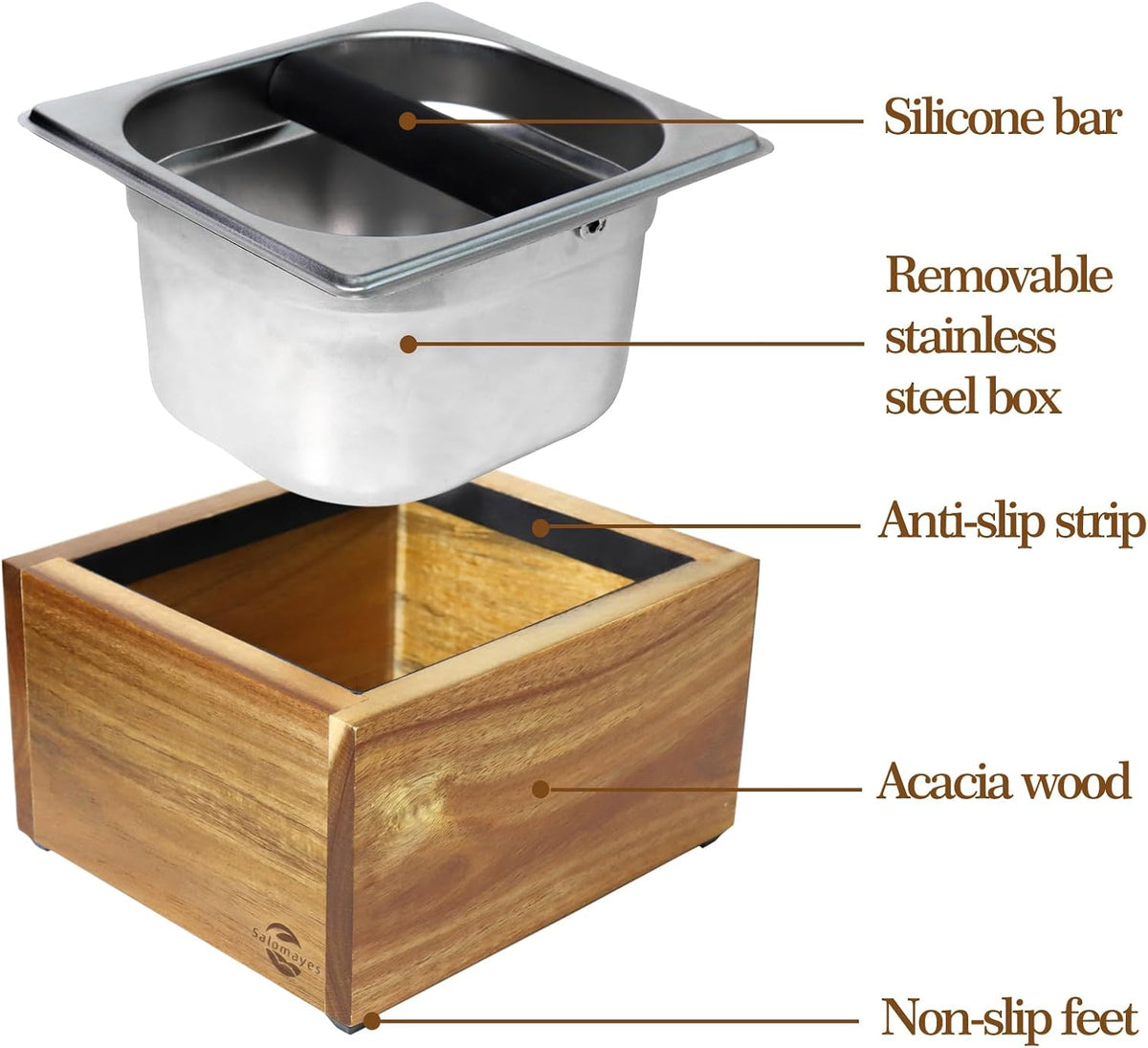 Acacia Wood Espresso Knock Box, Large Capacity with Stainless Steel Interior, Silicone Knock Bar, Anti-Slip Base