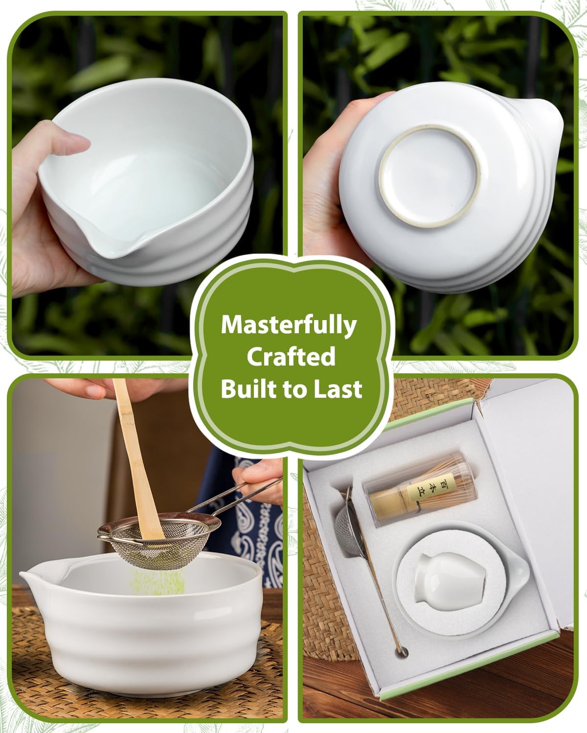 White Matcha Whisk Set - 5PCS Matcha Set Includes 18OZ Chawan with Spout