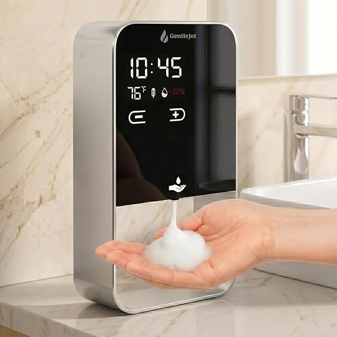 GentleJet EliteJet Automatic Foaming Soap Dispenser – Touchless Sensor, LED Display, 5 Foam Levels, Wall Mount or Countertop, Rechargable USB-C or Battery Powered, Aluminum Alloy, 480 ml Refillable