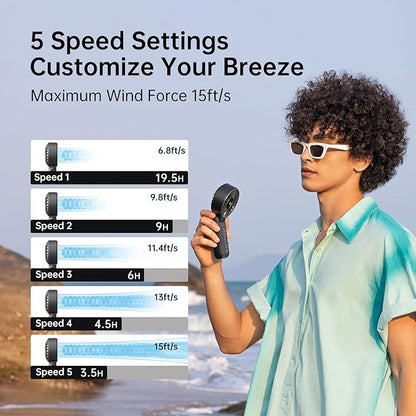 JISULIFE Handheld Fan Life7 – Ultimate Flexibility: Wide & Strong Airflow, 19.5H Max Cooling, 5000mAh Rechargeable, 5-Speed, LED Display, 3 IN 1 Portable Fan for Travel, Concerts, Sports Events(Black)