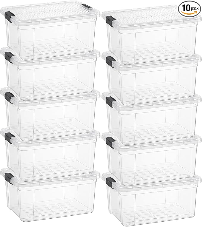 Superio Small Clear Storage Box with Lid, 11 Quart Plastic Container Bins for Organizing, Stackable Crates, BPA Free, Non Toxic, Odor Free, Organizers for Home, Office, School, and Dorm, 10 Pack