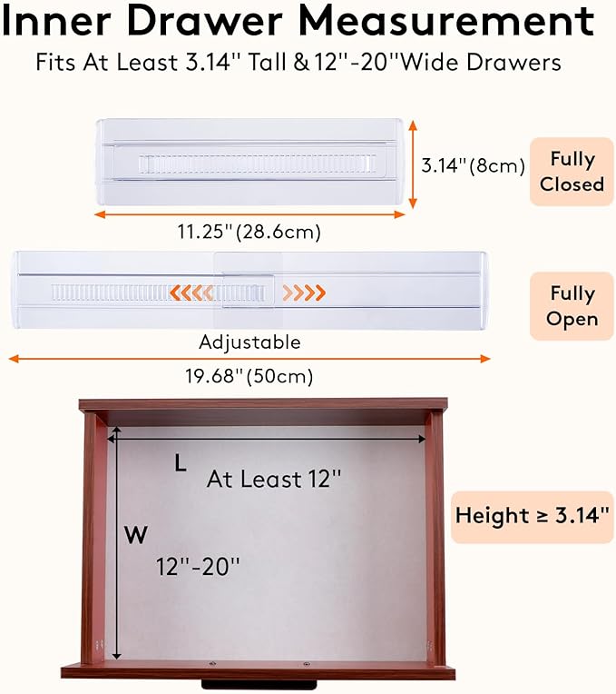 6 Pack Drawer Dividers, Adjustable Drawer Organiser Divider(11.3-20"), 3.2" High Extendable Plastic Drawer Dividers for Kitchen Bedroom Office Desk Cosmetic Cutlery Organisers