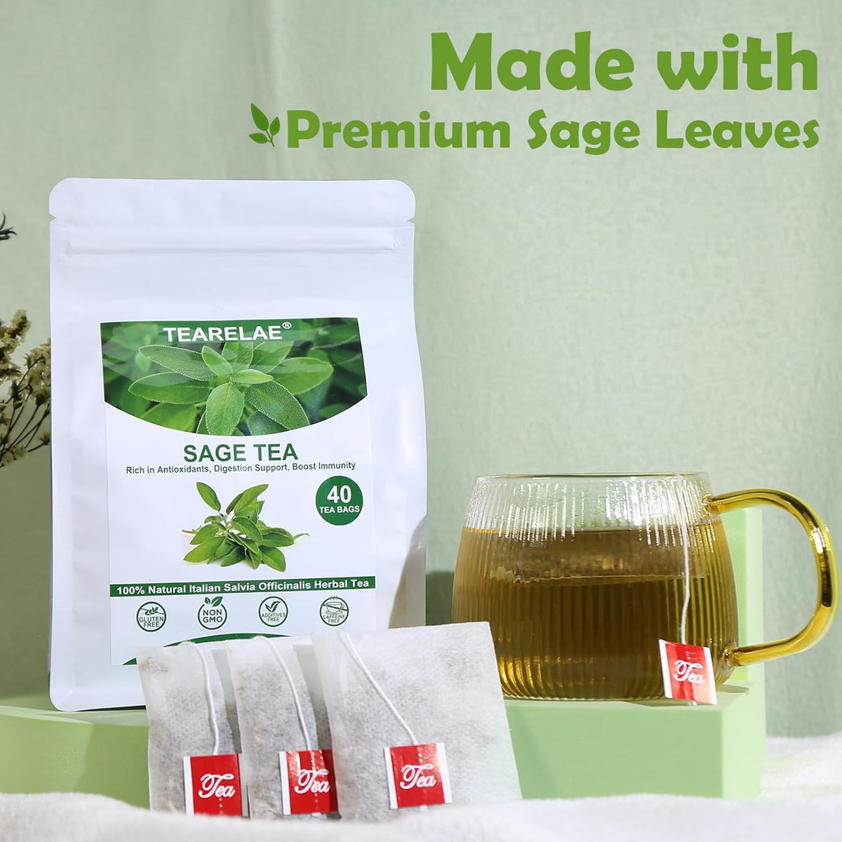 Tearelae - Premium Sage Leaf Tea Bags - 1.5g x 40 Count - Natural Cut & Sifted Sage Herb Salvia Officinalis - Non-GMO - Caffeine-free