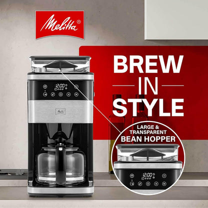 Melitta® Aroma Fresh™ Plus 10-Cup Automatic Drip, Programmable Coffee Maker with built in Burr Coffee Grinder, 5-Pack Coffee Filters included