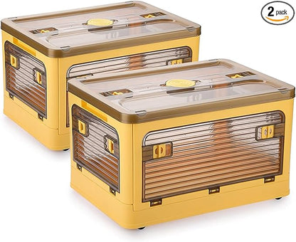 Folding Storage Bins, 28 Liters, 2 Pcs Yellow Plastic Storage Containers with Wheels, Four Doors, Foldable, Stackable, Plastic Box with Lids for Organization, Storage Cart