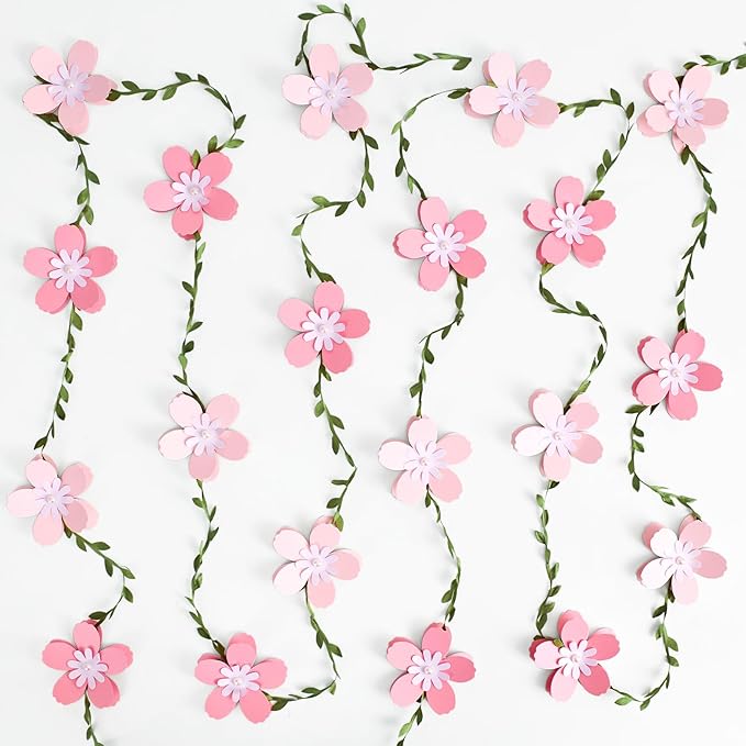 3D Cherry Blossom Flower Garland (2PCS) Flower Banner Pink Paper Cherry Flower Garland for Spring Garden Party Wedding Backdrop Arch Decor