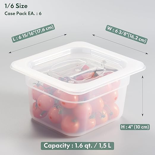 CURTA 6-Pack 1/6 Size 4" Deep Food Pan with Handled Lid – NSF Listed Commercial-Grade Translucent Polypropylene, Stackable Freezer-Safe Storage for Restaurants, Catering & Buffets