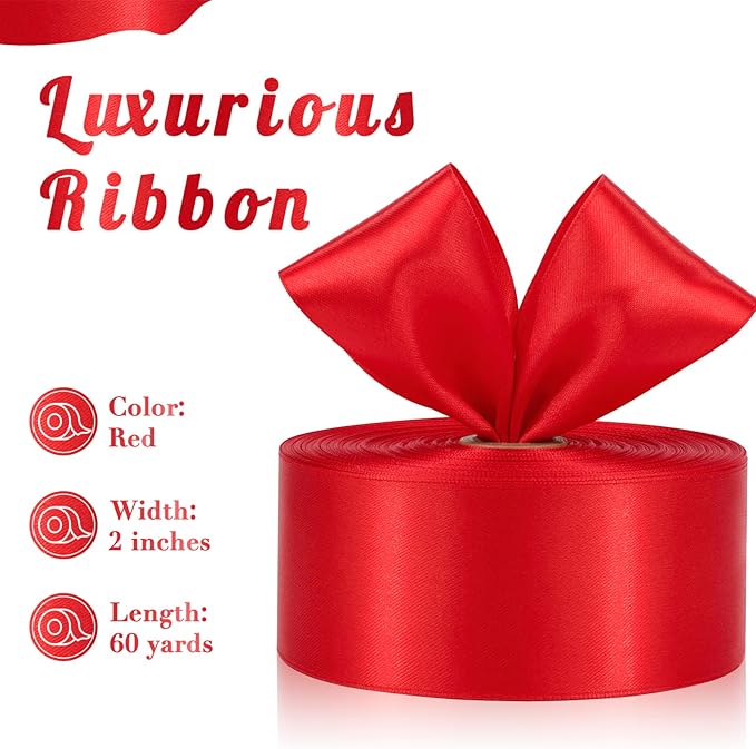 Red Ribbon 2 Inch 60 Yards, Red Christmas Satin Ribbon for Flower Bouquet, Wedding, Crafts, Gift Wrapping, Baby Shower, DIY Bows and Valentine