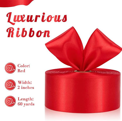 Red Ribbon 2 Inch 60 Yards, Red Christmas Satin Ribbon for Flower Bouquet, Wedding, Crafts, Gift Wrapping, Baby Shower, DIY Bows and Valentine