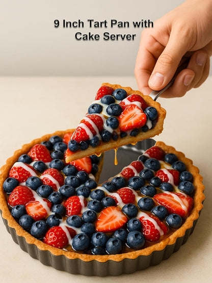 9 Inch Quiche Tart Pans with Pie Cake Server. Removable Bottom, Non-Stick Coating, Rugged Carbon Steel for Tart Quiche Baking