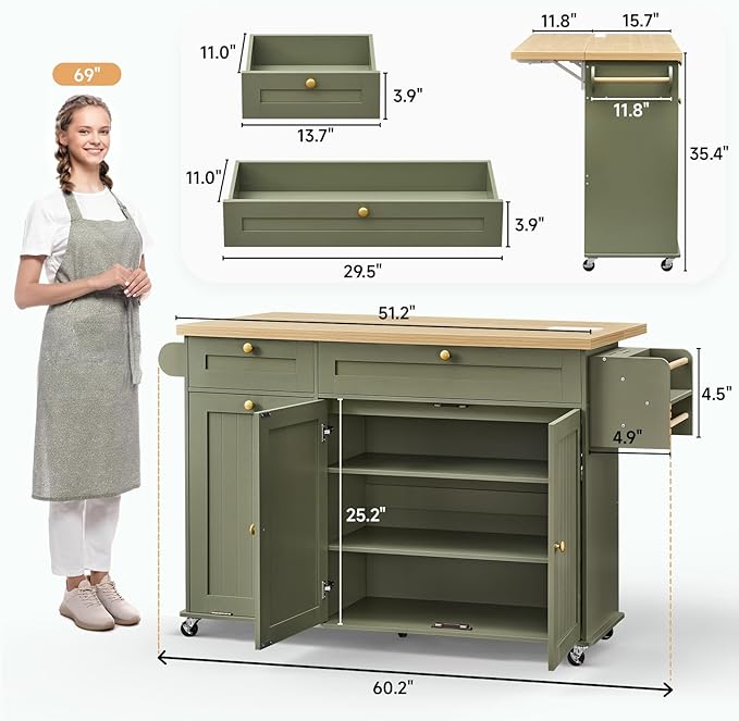 60" Kitchen Island with Power Outlet & Drop Leaf, Kitchen Rolling Island with Spice Rack & Towel Rack, Knife Holder, Kitchen Island Cart with Trash Storage Cabinet, Mobile Island Table for Kitchen
