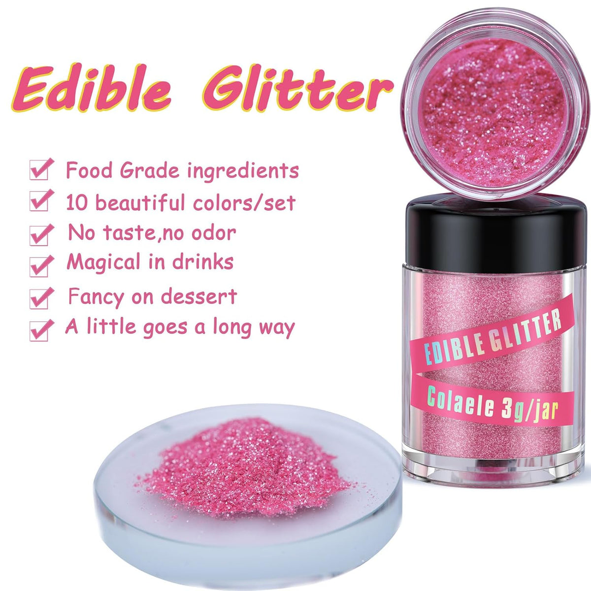 Edible Glitter for Cakes Drinks Luster Dust Set - Colaele 10 Colors Shimmering Disco Glitter Food Grade Metallic Food Coloring Powder Sprinkling for