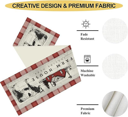 Farmhouse Cow Table Runner, Rustic Red Plaid Animals Buffalo Coffee Table Center Decor for Family Kitchen Dining Room and Living Room Outdoor Country Holiday Party Table Decorations, 13" X 108"