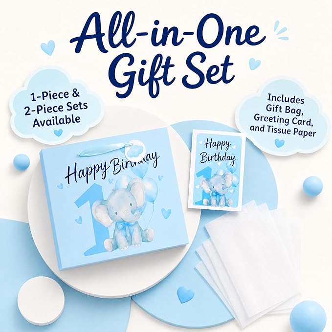 Powbrace 13" Blue Happy Birthday Gift Bag with Tissue Paper and Greeting Card for Party,Happy Birthday Gift Bag for Boys Babies,Gift Bags Medium size(1 PCS Blue Cartoon)