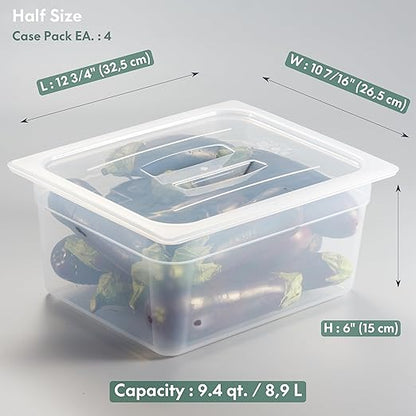 CURTA 4-Pack 1/2 Size 6" Deep Food Pan with Handled Lid – NSF Commercial-Grade Translucent Polypropylene, Stackable Freezer-Safe Storage for Restaurants, Catering & Buffets
