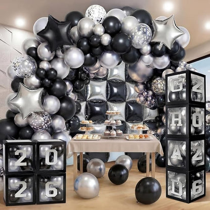 Seenelling 133 Pcs Graduation Decorations 2026 Set Black Sliver Balloons Boxes with Letters 2026 Grad Square Foil Balloons Complete Party Supplies for High School College Celebrations