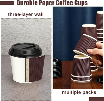 Uiifan 100 Set 4oz Disposable Espresso Cups with Lids Ripple Corrugated Paper Disposable Coffee Insulated Hot Ripple Cups for hot Chocolate, Tea