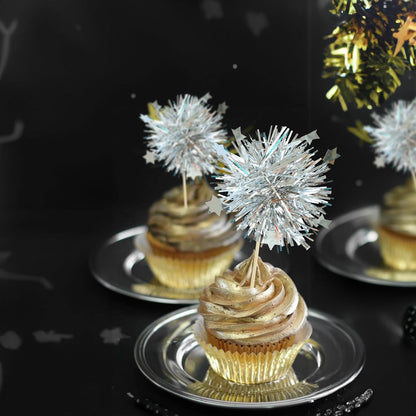 Ephlyn 30Pcs Foil Firework Cupcake Toppers Party Birthday Cake Toppers Supplies Sparkle Tinsel Cocktail Fruit Toothpick for Birthday Wedding Graduation Party Silver