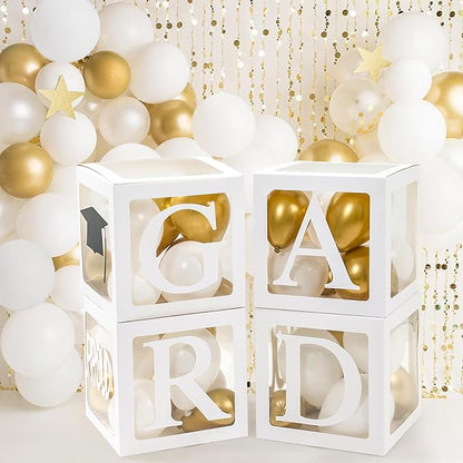 Graduation Decorations 2026,4 Pcs Transparent Balloon Boxes with Letters of GRAD,PROUD OF YOU,Class of 2026 and 130pcs White Gold Balloons Arch for High School College 2026 Grad Party Supplies