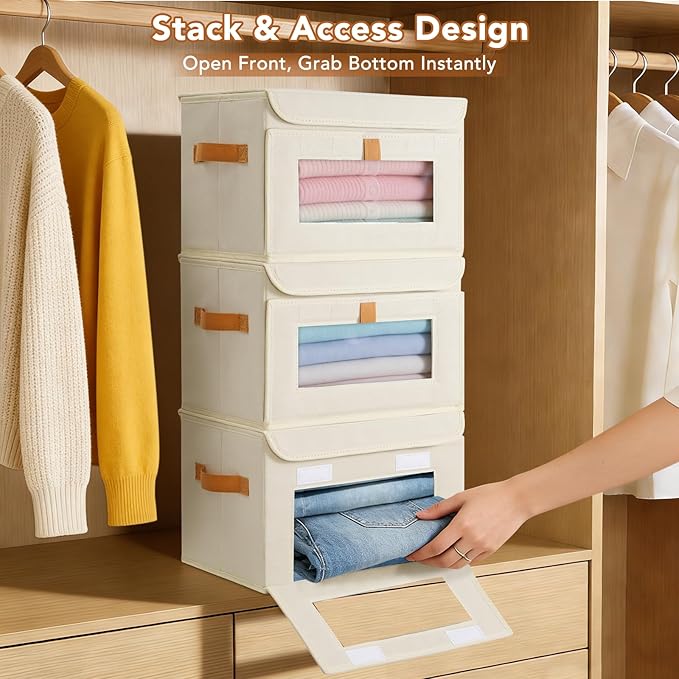 3 Pcs Front Opening Closet Organizers and Storage Bins with Attached Lid, Fabric Clothes Storage Box with Large Clear Window, Stackable Foldable Decorative Organizers for Shelf, Dorm, Beige