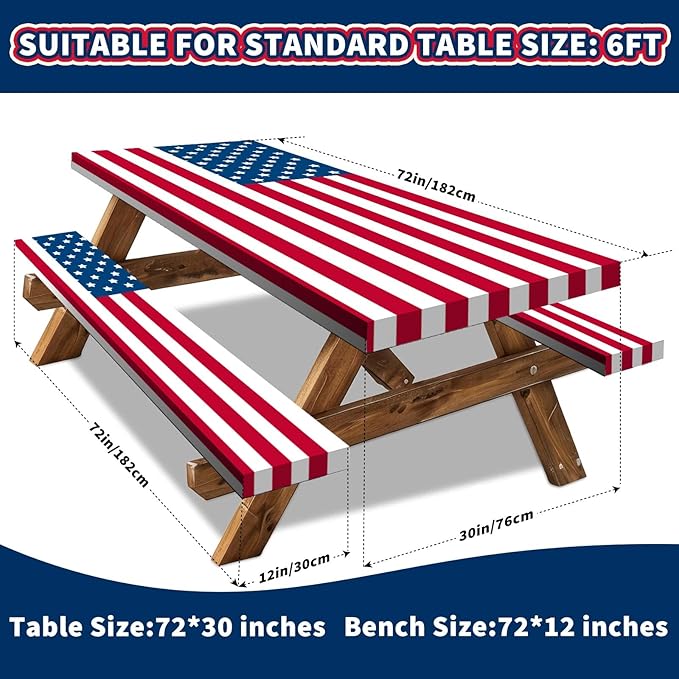 6FT American Flag Picnic Table Cover with Bench Covers Set 4th of July Waterproof Windproof Camping Rectangle Tablecloths with Elastic Fitted Picnic Table Cover for 4th of July Outdoor Decor