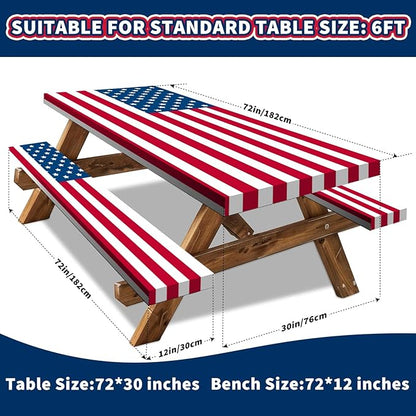 6FT American Flag Picnic Table Cover with Bench Covers Set 4th of July Waterproof Windproof Camping Rectangle Tablecloths with Elastic Fitted Picnic Table Cover for 4th of July Outdoor Decor