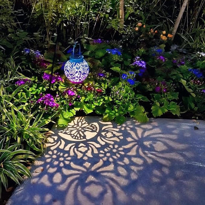 2 Pack Outdoor Solar Hanging Lantern Lights Metal LED Decorative Lamp for Garden Patio Courtyard Lawn and Table with Hollowed-Out Design (Royal Purple)