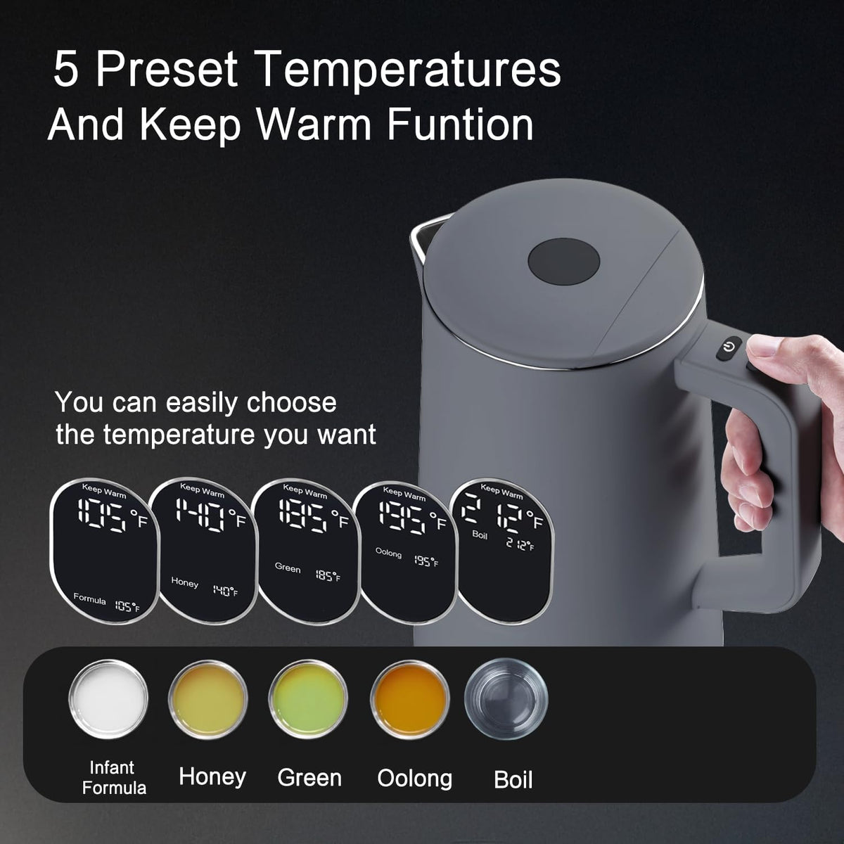 1.5L Electric Kettle Stainless Steel, Double Wall Cool Touch Teapot, Fast Boil,5 Temperature Control, LED Display, Auto Shut-Off, BPA-Free