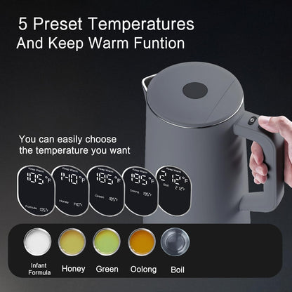 1.5L Electric Kettle Stainless Steel, Double Wall Cool Touch Teapot, Fast Boil,5 Temperature Control, LED Display, Auto Shut-Off, BPA-Free