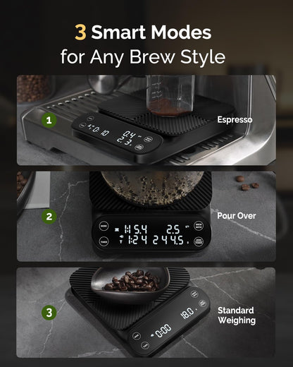 Maestri House S3 Coffee Scale with Timer, 3kg/0.1g Rechargeable Digital Scale, 3 Brew Modes, Adjustable Ratios & Flow Rate Display, Barista-Grade for Pour-Over, Espresso, French Press – Black
