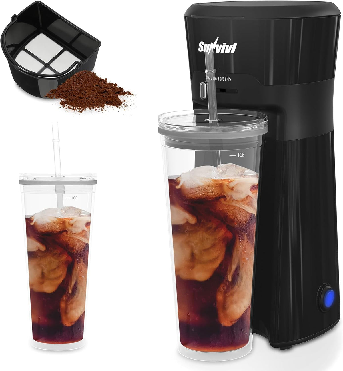 Sunvivi 20 Oz Iced Coffee Maker for Ground Coffee, Cold Brew Tea Maker with Reusable Coffee Filter and Insulated Pitcher