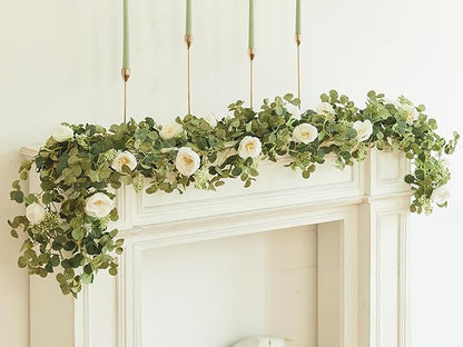 PARTY JOY 2pcs 6.56ft Eucalyptus Garland with Flowers-8 White Roses, Artificial Fake Flowers Greenery Garland Floral Vines for Decoration Party Wedding Table Indoor Outdoor Backdrop Wall Decor(White)