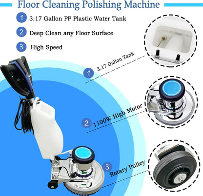 18" Commercial Floor Scrubber & Polisher Heavy Duty Multi-Surface Buffer Cleaner for Wood, Tile, Epoxy, Carpet - 175 RPM, 12L Tank, Low Noise, Industrial & Home Use 110V