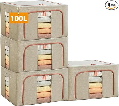 Large Storage Bags,Stackable Clothes Storage Bins with Hold Shape Metal Frame,Foldable Closet Organizer Containers with Zipper,Clear Window,Thick Fabric for Seasonal Clothing (Beige, 100L x 4 Pack)