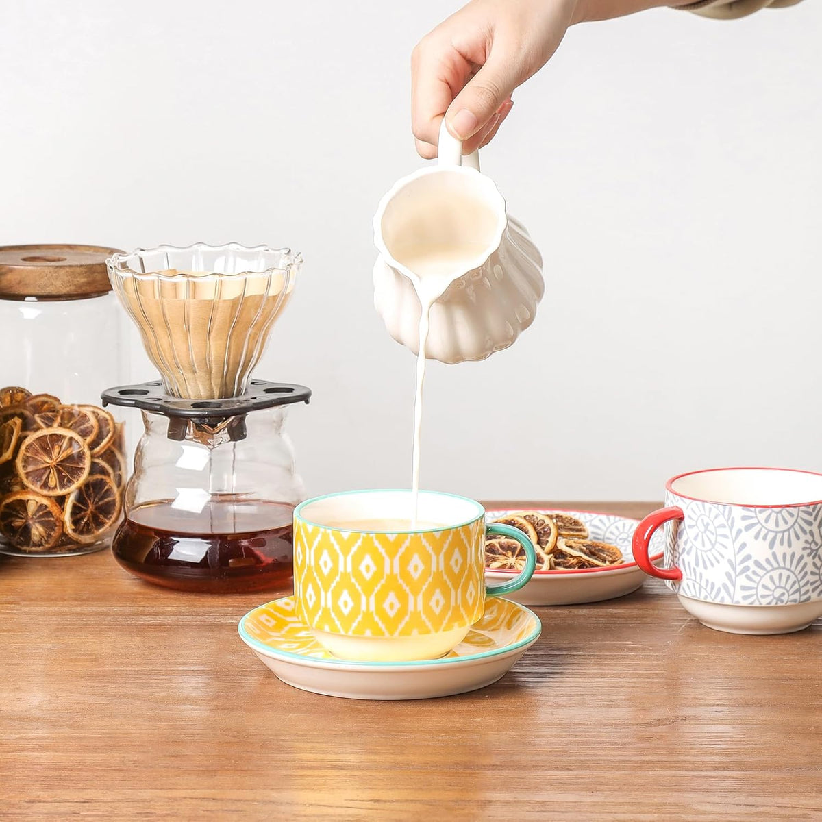 Selamica Ceramic Cappuccino Cups with Saucers and Metal Stand, 8 OZ Stackable Espresso Coffee Cups for Coffee, Latte, Americano, Tea, Set of 4