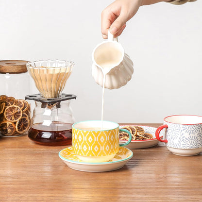 Selamica Ceramic Cappuccino Cups with Saucers and Metal Stand, 8 OZ Stackable Espresso Coffee Cups for Coffee, Latte, Americano, Tea, Set of 4