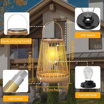 Solar Lights Outdoor Waterproof Garden Decor Lantern Hanging Lamp with Handle,Unique Ideas Rattan LED Lanterns for Decorations Patio Lawn Tabletop Pathway 4 Pack