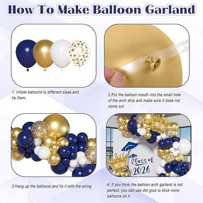 Ouddy Life 142pcs Navy Blue and Gold Balloons Garland Arch Kit, Class of 2026 Decorations Graduation Royal Blue Balloon Gold White Confetti Balloons Foil Crown for College Baby Shower Birthday Party