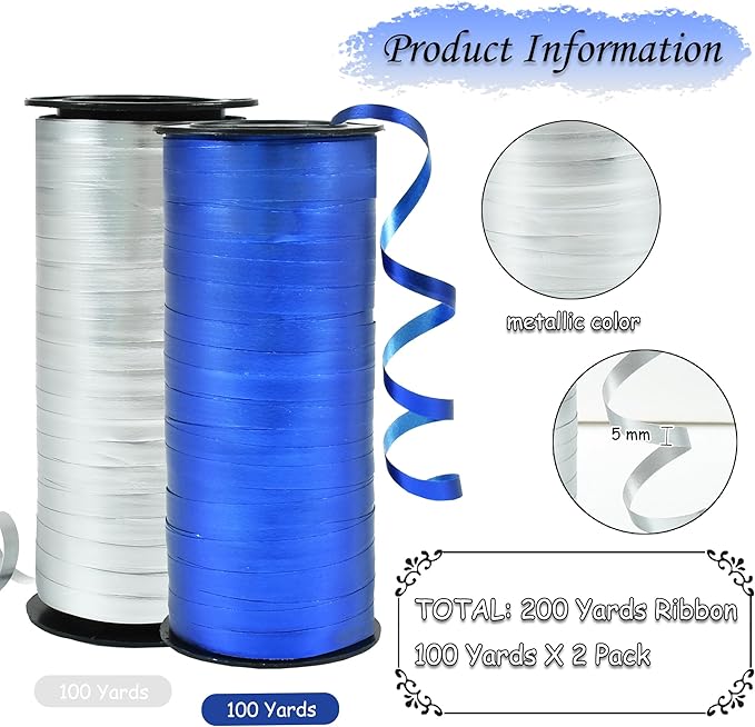 BEISHIDA Blue and Silver Curling Ribbons Balloon String Ribbons - 2 Pack 100 Yards for Gift Warppping Birthday Bachelor Winter Holiday Party Decorations