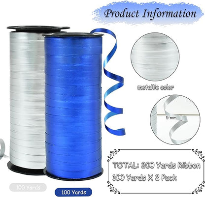 BEISHIDA Blue and Silver Curling Ribbons Balloon String Ribbons - 2 Pack 100 Yards for Gift Warppping Birthday Bachelor Winter Holiday Party Decorations