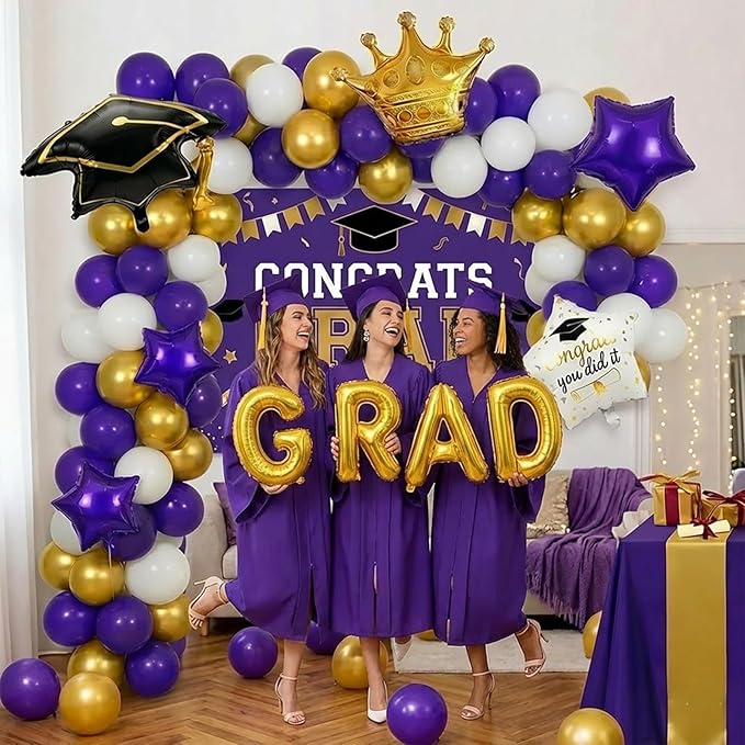 Purple White Gold Balloon Garland Arch Kit with backdrop Stars Graduation Cap crown GRAD Letters Mylar Balloons for 2026 graduate Prom Decorations