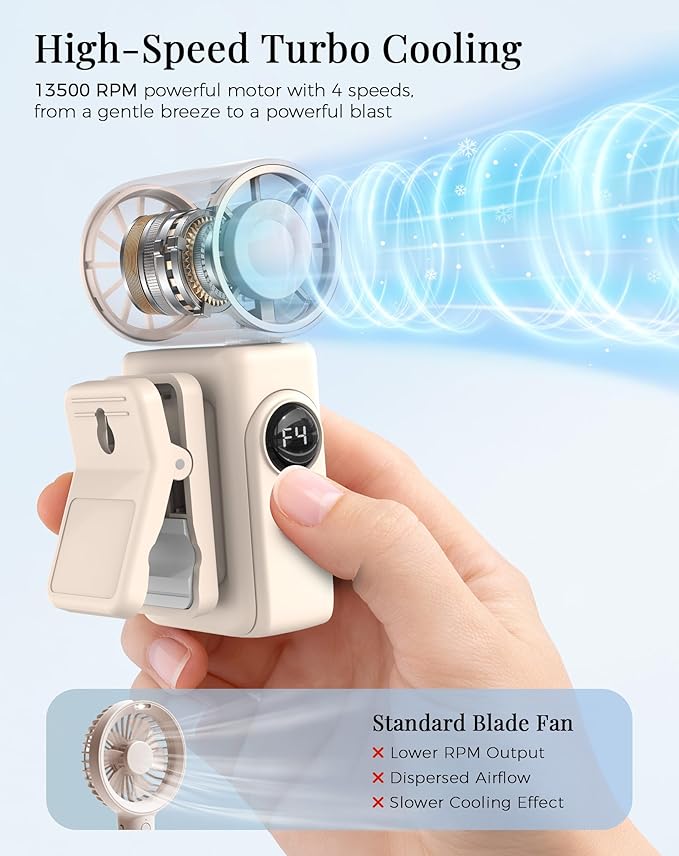 Hotsales Clip-On Portable Fan, 13500 RPM Rechargeable Handheld Mini Fan with LED Display, 360° Rotating Detachable Clip, Stroller Fan for Baby, Compact Travel Essentials/Lash, Summer Gifts for Women